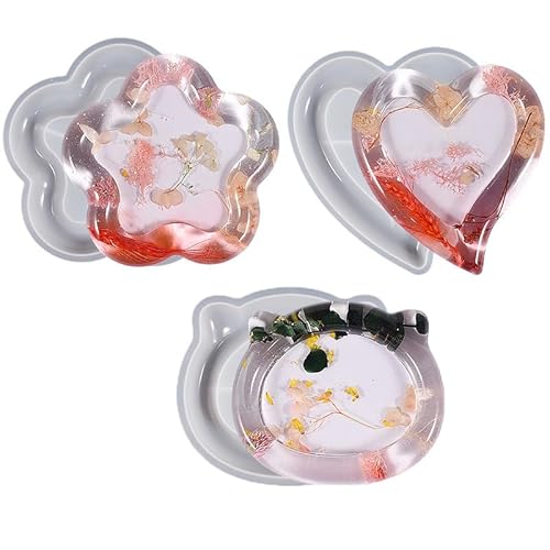 Voyyphixa 3 Stück Silikonformen Epoxidharz Tablett Herz Katze Blume Untersetzer Silikonform Harz Gießform Resin Tray Molds für Schmuckplatte Handwerkliche Ornament (3PCS) von Voyyphixa