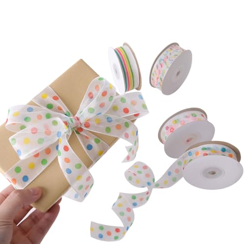 Voyyphixa DIY Gegenwart Satinband Bänder, Geschenkband Schleifenband mit Polka Dots Sprinkles Sticks Stripes Four Style, Dekoband Stoffband Set für Geburtstage Hochzeiten Feiertage (Nylon) von Voyyphixa