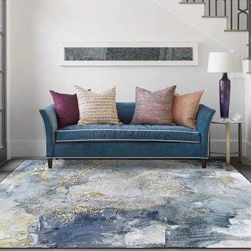 Moderner Kurzflor Teppichläufer Anti Rutsch Pflegeleicht Ideal für Flur Wohnzimmer Schlafzimmer Modernes, leicht luxuriöses, vergoldetes, graublaues Aquarell 80 x 120 cm von Vqbawmloㅤ