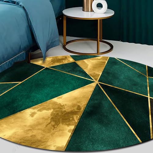 Runder Kurzflor Designer Teppich Schlafzimmer Rutschfeste Teppiche Dekorative Teppiche für das Wohnzimmer Pflegeleicht Leichtes, luxuriöses geometrisches Dreiecksspleißen in Gold und Grün, ∅120 cm von Vqbawmloㅤ