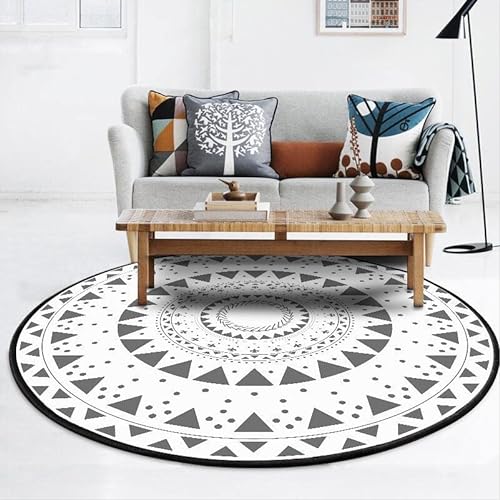 Vqbawmloㅤ Runder Waschbarer Teppich Wohnzimmer Teppich Schlafzimmer Kurzflor Teppich Groß für rutschfest Teppich Abstrakte graue und weiße Blumen im ethnischen Stil, ∅160 cm von Vqbawmloㅤ