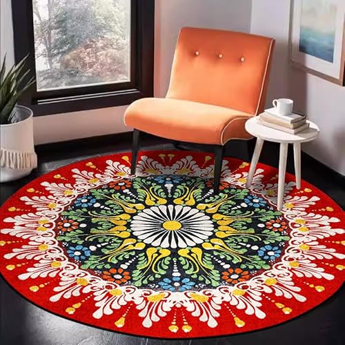 Vqbawmloㅤ Runder Waschbarer Teppich Wohnzimmer Teppich Schlafzimmer Kurzflor Teppich Groß für rutschfest Teppich Rote Blumen im ethnischen Stil, ∅160 cm von Vqbawmloㅤ