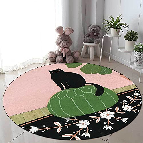 Vqbawmloㅤ Runder Schlafzimmer Teppich Wohnzimmer Kurzfloriger Teppich Waschbarer Esszimmer rutschfest Teppich Grau rosa grün Pflanze Schwarze Katze Mädchen, ∅150 cm von Vqbawmloㅤ