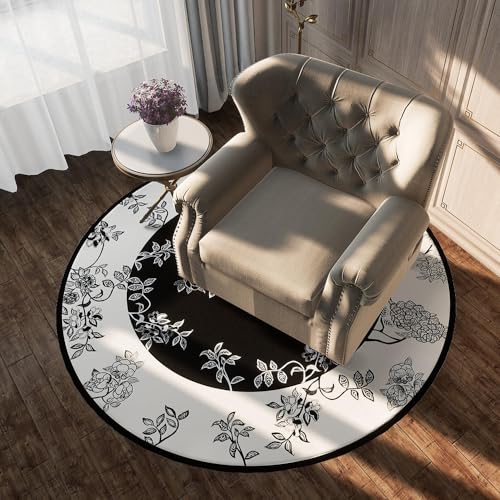 Vqbawmloㅤ Runder Schlafzimmer Teppich Wohnzimmer Kurzfloriger Teppich Waschbarer Esszimmer rutschfest Teppich Modische einfache Schwarze und weiße Blumen, ∅150 cm von Vqbawmloㅤ