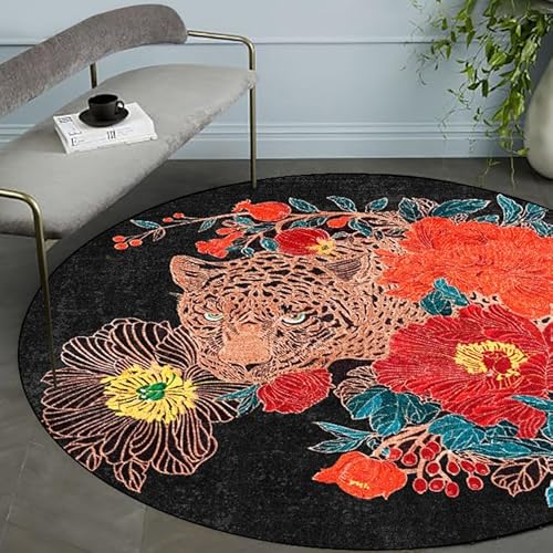Vqbawmloㅤ Runder Schlafzimmer Teppich Wohnzimmer Kurzfloriger Teppich Waschbarer Esszimmer rutschfest Teppich Modische rote Blume, schwarzer Leopard, ∅150 cm von Vqbawmloㅤ