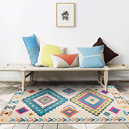 Vqbawmloㅤ Kurzflor Modern Teppich rutschfest Waschbar Teppich Schlafzimmer Esszimmer KüChe Teppich Abstrakter bunter geometrischer ethnischer Stil 100 x 160 cm von Vqbawmloㅤ
