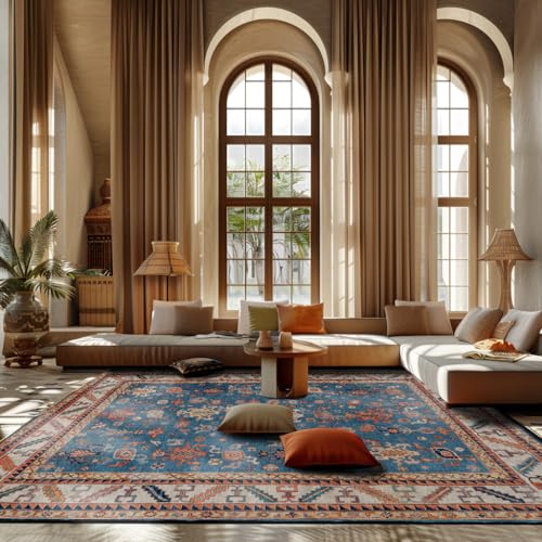Vqbawmloㅤ Kurzflor Modern Teppich rutschfest Waschbar Teppich Schlafzimmer Esszimmer KüChe Teppich Ethnische Retro-Blaue Geometrie 100 x 160 cm von Vqbawmloㅤ