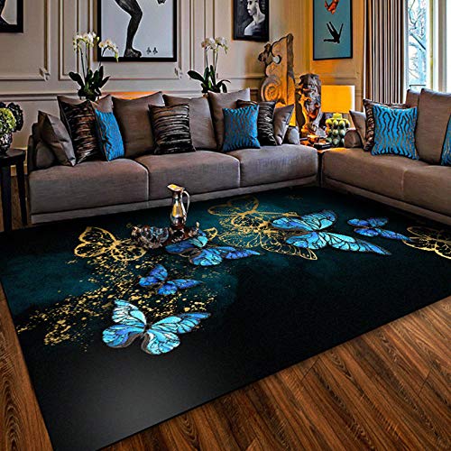Vqbawmloㅤ Kurzflor Wohnzimmer Teppich Pflegeleicht rutschfest Teppich Schlafzimmer Arbeitszimmer Büro Teppich Stilvoller moderner Blauer Schmetterling 130 x 150 cm von Vqbawmloㅤ