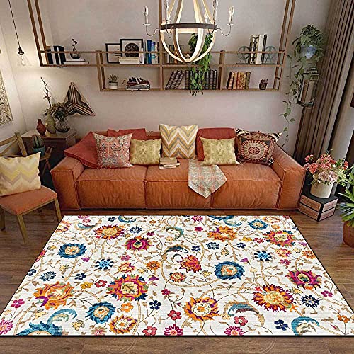 Vqbawmloㅤ Kurzflor rutschfest Teppich Modernes Waschbar Teppiche Schlafzimmer Gästezimmer Balkon Teppich Ethnische Bunte Blumenzweige und Blätter 160 x 280 cm von Vqbawmloㅤ