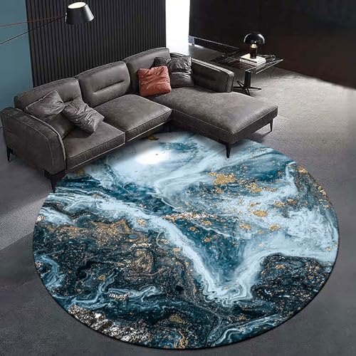 Vqbawmloㅤ Runder Kurzflor Designer Teppich Schlafzimmer rutschfeste Teppiche Dekorative Teppiche für das Wohnzimmer Pflegeleicht Abstrakte Blaue Gold-Meerwasser-Vergoldung, ∅120 cm von Vqbawmloㅤ