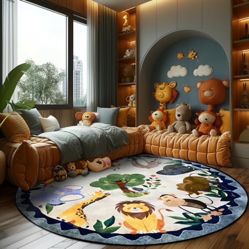 Vqbawmloㅤ Runder Kurzflor Designer Teppich Schlafzimmer rutschfeste Teppiche Dekorative Teppiche für das Wohnzimmer Pflegeleicht Cartoon süßer Blauer Zoo, ∅ 120 cm von Vqbawmloㅤ