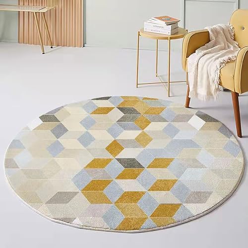 Vqbawmloㅤ Runder Kurzflor Designer Teppich Schlafzimmer rutschfeste Teppiche Dekorative Teppiche für das Wohnzimmer Pflegeleicht Einfache geometrische gelb-grau-Blaue Raute, ∅120 cm von Vqbawmloㅤ