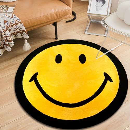Vqbawmloㅤ Runder Kurzflor Designer Teppich Schlafzimmer rutschfeste Teppiche Dekorative Teppiche für das Wohnzimmer Pflegeleicht Einfaches und personalisiertes gelbes Smiley-Gesicht, ∅120 cm von Vqbawmloㅤ