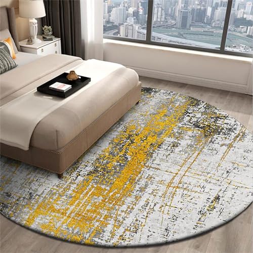 Vqbawmloㅤ Runder Kurzflor Designer Teppich Schlafzimmer rutschfeste Teppiche Dekorative Teppiche für das Wohnzimmer Pflegeleicht Mode abstraktes Ölgemälde gelb grau, ∅120 cm von Vqbawmloㅤ