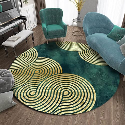 Vqbawmloㅤ Runder Kurzflor Designer Teppich Schlafzimmer rutschfeste Teppiche Dekorative Teppiche für das Wohnzimmer Pflegeleicht Moderne einfache goldgrüne Kurve, ∅120 cm von Vqbawmloㅤ