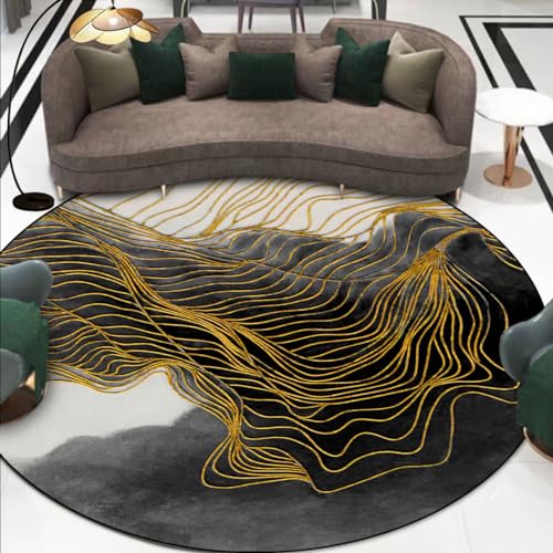 Vqbawmloㅤ Runder Kurzflor Designer Teppich Schlafzimmer rutschfeste Teppiche Dekorative Teppiche für das Wohnzimmer Pflegeleicht Modernes abstraktes Tintengraugold, ∅120 cm von Vqbawmloㅤ