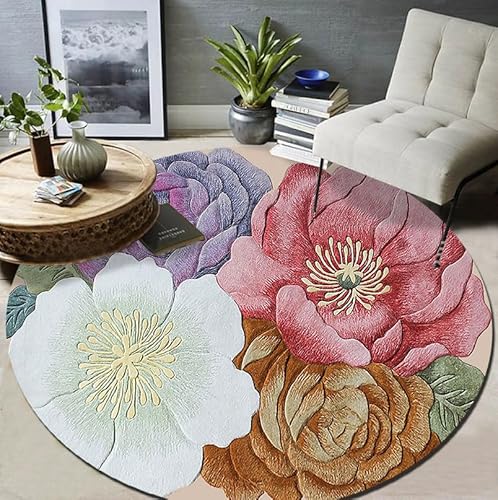 Vqbawmloㅤ Runder Kurzflor Designer Teppich Schlafzimmer rutschfeste Teppiche Dekorative Teppiche für das Wohnzimmer Pflegeleicht Modische personalisierte Bunte Blumen, ∅120 cm von Vqbawmloㅤ