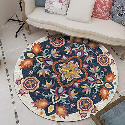 Vqbawmloㅤ Runder Kurzflor Designer Teppich Schlafzimmer rutschfeste Teppiche Dekorative Teppiche für das Wohnzimmer Pflegeleicht Orange-Blaue Blumen im Ethno-Stil, ∅ 120 cm von Vqbawmloㅤ