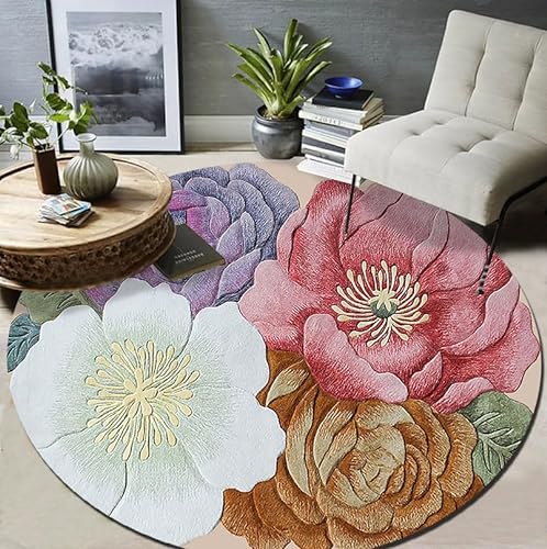 Vqbawmloㅤ Runder Teppich Kurzflor Esszimmer Teppich für Schlafzimmer rutschfest Teppich Dekorative Teppiche für das Wohnzimmer Modische personalisierte Bunte Blumen, ∅80 cm von Vqbawmloㅤ