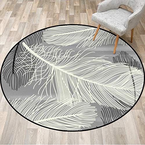 Vqbawmloㅤ Runder Teppich Kurzflor Esszimmer Teppich für Schlafzimmer rutschfest Teppich Dekorative Teppiche für das Wohnzimmer Stilvolle Moderne grau-weiß-Schwarze Federn, ∅ 80 cm von Vqbawmloㅤ