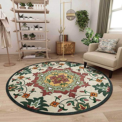 Vqbawmloㅤ Runder Teppich Kurzflor für Wohnzimmer Schlafzimmer Esszimmer Küchen rutschfest Weich Waschbarer Teppich Rote und grüne Blumen im Retro-Ethno-Stil, ∅140 cm von Vqbawmloㅤ