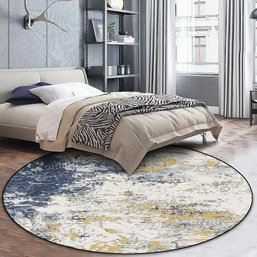 Vqbawmloㅤ Runder Teppich Kurzflor Esszimmer Teppich für Schlafzimmer rutschfest Teppich Dekorative Teppiche für das Wohnzimmer Einfaches abstraktes Tuschgemälde in Blau, Gelb und Weiß, ∅80 cm von Vqbawmloㅤ