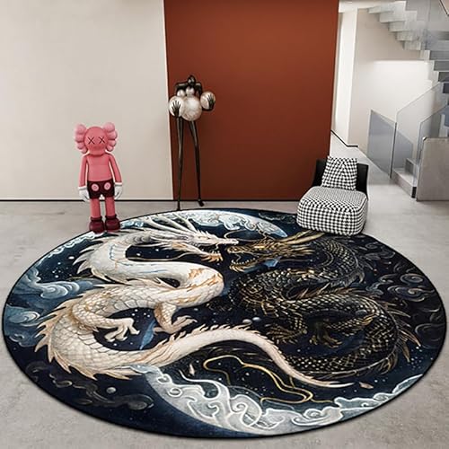 Vqbawmloㅤ Runder Teppich Kurzflor Esszimmer Teppich für Schlafzimmer rutschfest Teppich Dekorative Teppiche für das Wohnzimmer Modepersönlichkeit Drache in Schwarz und Weißgold, ∅80 cm von Vqbawmloㅤ
