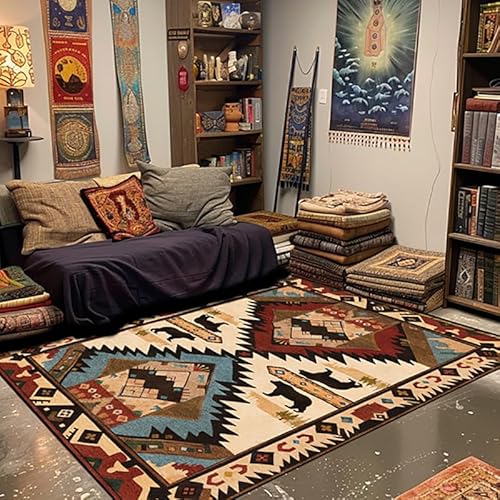 Vqbawmloㅤ Schlafzimmer Kurzflor Teppich Rutschfester Moderner Teppich für Küche Flur & Wohnraum Teppich Abstrakte ethnische Art rot-blau-braune Geometrie 80 x 160 cm von Vqbawmloㅤ
