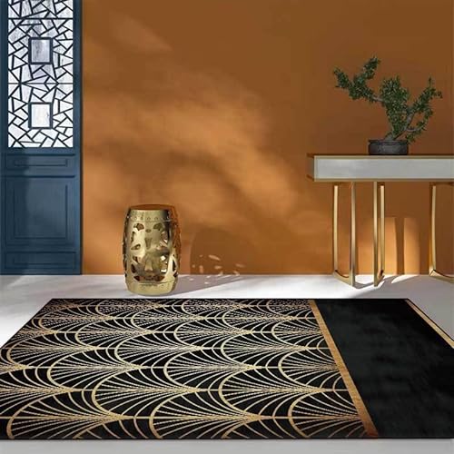 Vqbawmloㅤ Schlafzimmer Kurzflor Teppich Rutschfester Moderner Teppich für Küche Flur & Wohnraum Teppich Moderne leichte Luxus-Fächergeometrie aus Schwarzgold 80 x 160 cm von Vqbawmloㅤ