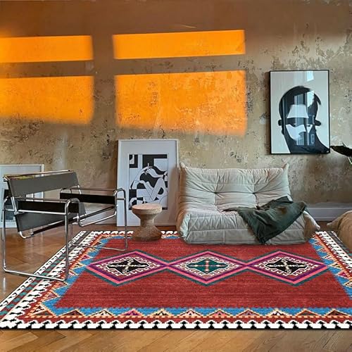 Vqbawmloㅤ Wohnzimmer Kurzflor Teppich Waschbarer Modern Teppich Balkon Flur Küche Bad Kinderzimmer Teppich Einfacher mehrfarbiger geometrischer ethnischer Stil 110 x 190 cm von Vqbawmloㅤ