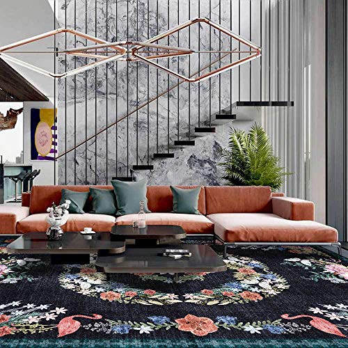 Vqbawmloㅤ Wohnzimmer Teppich Kurzflor Maschinenwaschbar Pflegeleicht Teppich Schlafzimmer Esszimmer Teppich Vintage schwarzer botanischer Kranz 90 x 150 cm von Vqbawmloㅤ