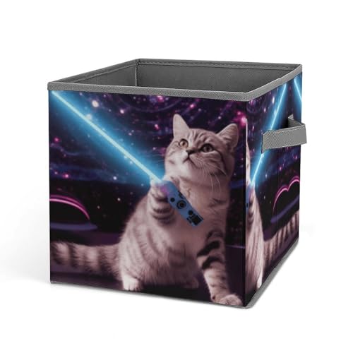 Vqqkasmn Faltbare Aufbewahrungskörbe für die Organisation von Spielzeug, Büchern, Regalen, Schrank, Weltraum, Laser, Katze, niedlich, lustig, bedruckt, große Aufbewahrungsbox mit Seilgriffen von Vqqkasmn
