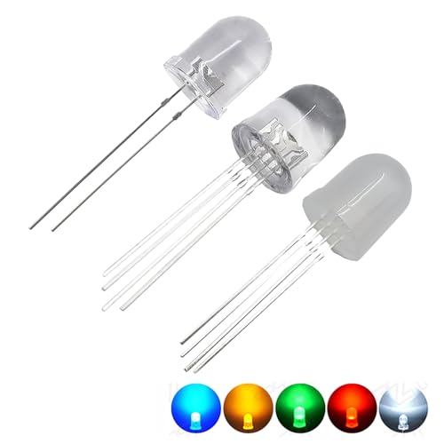 Vrabocry 100 Stück 10mm Weiß Rot Grün Blau Gelb LED Dioden durchsichtig rund transparent Helle Glühbirnen Lampen Elektronikkomponenten Anzeigelicht emittierende (5 Farben x 20 Stück=100 Stück) von Vrabocry