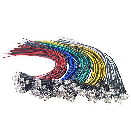 Vrabocry 100Pcs 5mm Leds mit 20cm Kabel, DC 12V Vorverdrahtetes Licht, Vorverdrahtete LED-Dioden Licht (Rot, Gelb, GRÜN, Weiß, Blau) verdrahtete led mit Widerstand für Lichtprojekt, 20×5Farbe von Vrabocry