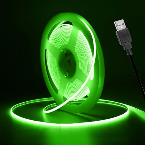 Vrabocry COB LED Streifen 16.4ft 5V USB LED Strip Grün 3mm Breite 400 LEDs/m Lichtleiste LED Band Selbstklebend Stripes für TV Hintergrundbeleuchtung DIY Dekorative Beleuchtung von Vrabocry