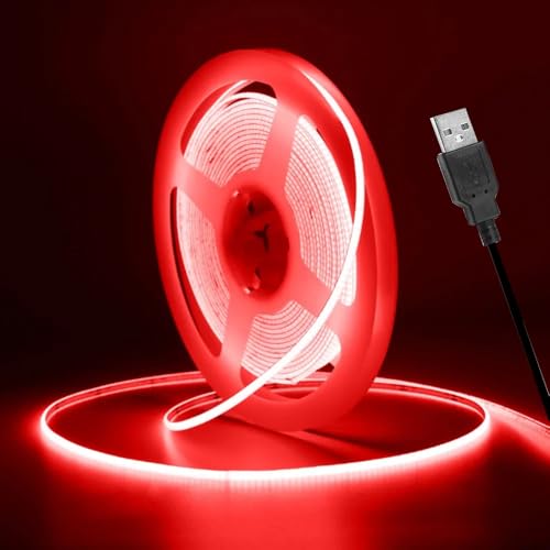 Vrabocry COB LED Streifen 16.4ft 5V USB LED Strip Rot 3mm Breite 400 LEDs/m Lichtleiste LED Band Selbstklebend Stripes für TV Hintergrundbeleuchtung DIY Dekorative Beleuchtung von Vrabocry