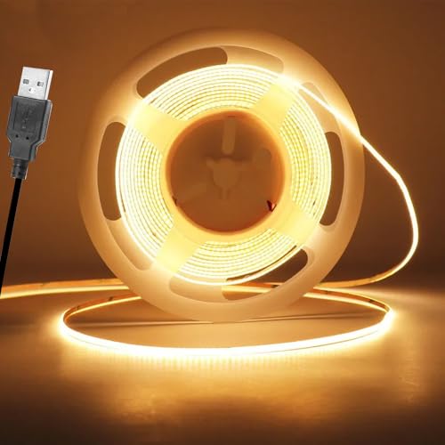 Vrabocry COB LED Streifen 16.4ft 5V USB LED Strip Warmweiss 3mm Breite 400 LEDs/m Lichtleiste LED Band Selbstklebend Stripes für TV Hintergrundbeleuchtung DIY Dekorative Beleuchtung von Vrabocry