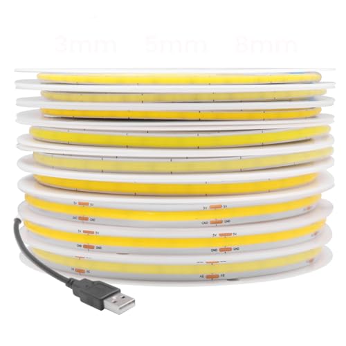 Vrabocry DC 5V USB COB LED Strip Warmweiß LED Streifen 5M 320LED/M Schmal 8mm Breit Flexible Band Seil Home Decor TV Wasserdicht LED Lichtband für Heim Küche Deko Vrabocry DC 5V USB COB LED Strip Warmweiß LED Streifen 5M 320LED/M Schmal 8mm Breit Flexible Band Seil Home Decor TV Wasserdicht LED Lichtband für Heim Küche Deko von Vrabocry