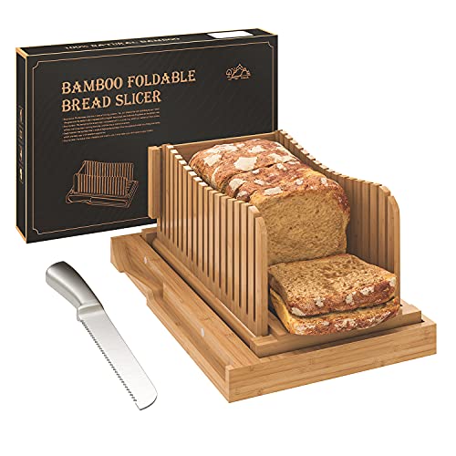 Bambus-Brotschneider mit gezacktem Brotmesser, verstellbare Brotschneiderführung mit 3 Stärkegrößen, faltbares kompaktes Schneidebrett mit Krümelschale, ideal für hausgemachtes Brot, Kuchen, Bagels von Vriccc
