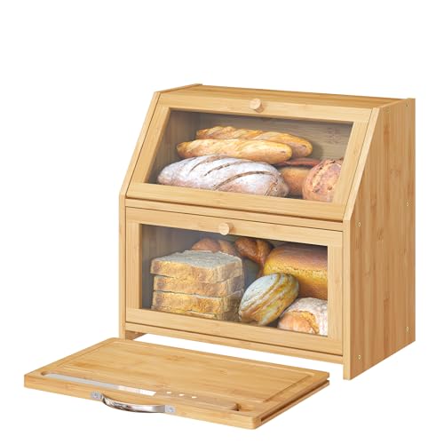 Vriccc Große Brotbox mit Schneidebrett, Brotkasten für Küchentheke, Bambusholz Brotkasten (transparente Türverkleidung + Schneidebrett) von Vriccc