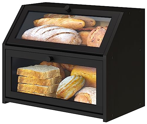 Vriccc Schwarze Brotbox für Küchentheke, Bambusholz Brotkasten, große Kapazität Brotaufbewahrungsbehälter von Vriccc