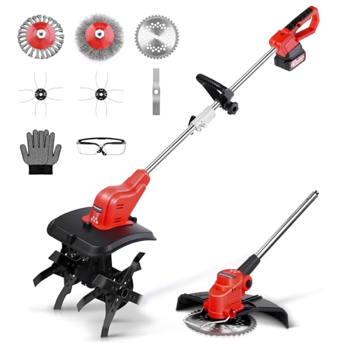 2-IN-1 Akku Bodenhacke mit Li-Ion Akku 21V, Bodenhacke & Rasentrimmer Set, Inkl. Metallmesser, Kreissägeblatt, Akku & Ladegerät, Drahtschneideseil, Drahtrolle, Drahtbürste, Schutzbrille von Vrietina