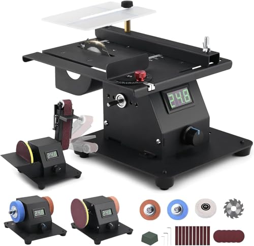 4-IN-1 Mini Tischkreissäge 350W mit LED-Voltanzeige, 0-90° Verstellbarer Bandschleifer mit 10 Schleifbänder, Doppelschleifmaschine, Multifunktionsgerät mit 7-stufig einstellbarer Geschwindigkeit von Vrietina