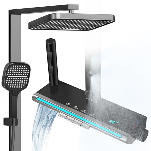 Duscharmatur Komplettset mit Temperatur LED-Display, Duschsystem Schwarz inkl. LED-Beleuchtung, 32 X 22 CM Kopfbrause und Duscharmatur mit 3 Funktion Handbrause, 4*Rückenspray und 1.5m Brauseschlauch von Vrietina