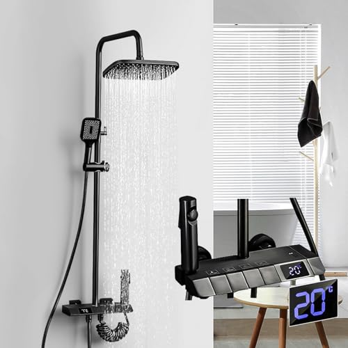 Duschsystem Schwarz mit Temperatur LED-Display, 30 X 19 CM Kopfbrause, Duscharmatur mit 3 Funktion Handbrause, Edelstahl Duscharmatur Komplettset mit 86-120 cm verstellbare Duschstange von Vrietina