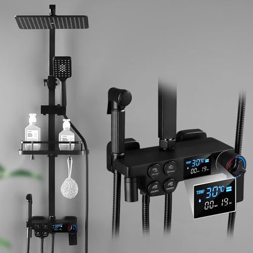Edelstahl Duschsystem Schwarz mit Thermostat inkl. Temperatur LED-Display, 30 X 19 CM Kopfbrause, Duscharmatur mit 3 Funktion Handbrause, 86-120 cm Verstellbare Duschstange, 1.5m Brauseschlauch von Vrietina