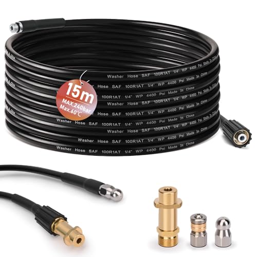 Rohrreinigungsschlauch 15m, mit M22 Adapter, Düsen starr + rotierend, 240bar 60°C Rohrreinigungsset Geeignet für Kränzle Kärcher K2-K7, Hochdruckreiniger Hochdruckschlauch von Vrietina