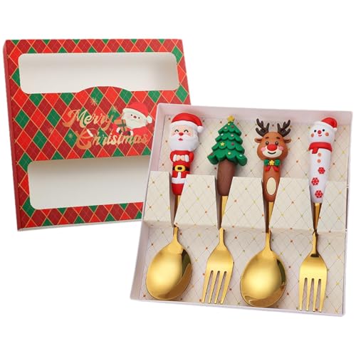 Vriusi Urlaubsbesteck-Set, Weihnachtsgeschirr-Set, Weihnachtslöffel-Set, Weihnachtsvorspeisen-Utensilien, Gabeln und Löffel, 4-teiliges Küchen-Edelstahl-Besteck-Set, Urlaubssouvenir von Vriusi