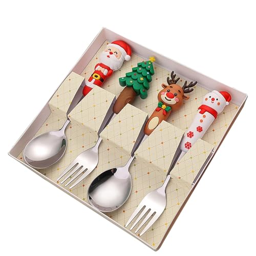 Vriusi Urlaubsbesteck-Set, Weihnachtsgeschirr-Set, Weihnachtslöffel-Set, Weihnachtsvorspeisen-Utensilien, Gabeln und Löffel, 4-teiliges Küchen-Edelstahl-Besteck-Set, Urlaubssouvenir von Vriusi
