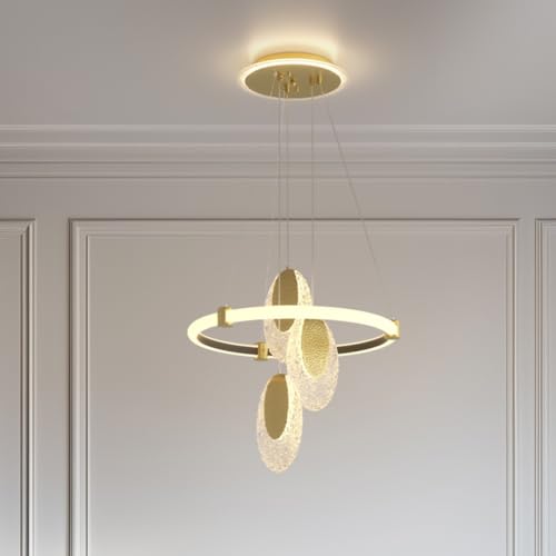 Vrygle Modern Kronleuchter LED Pendelleuchte: Kristall Leuchte mit 1 Ring & Kristalltropfen - 31W dimmbar, Höhenverstellbar Deckenlampe für Wohnzimmer, Esszimmer, Hohe Räume (Gold & Weiß) von Vrygle
